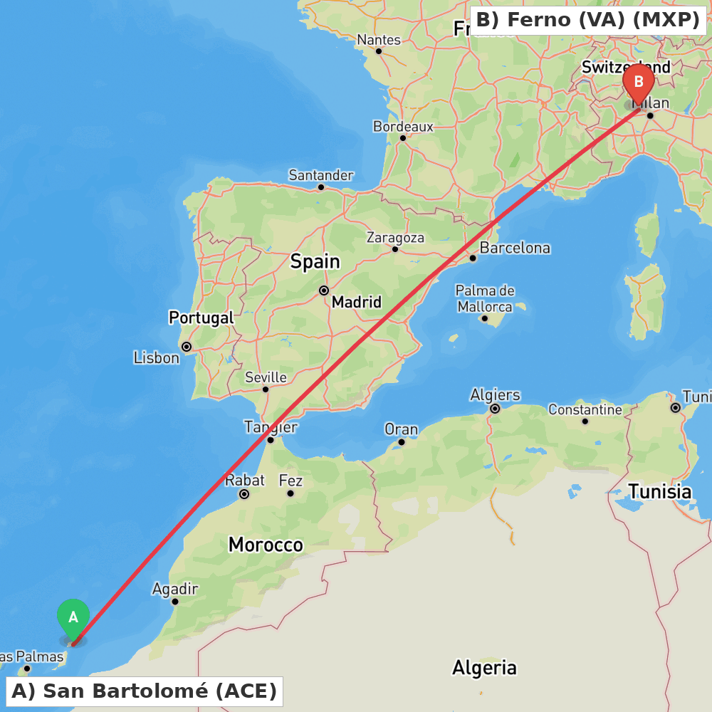 Flight route map from San Bartolomé to Ferno (VA)