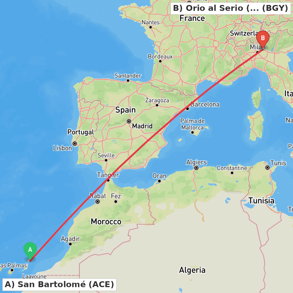 Flight route map from San Bartolomé to Orio al Serio (BG)
