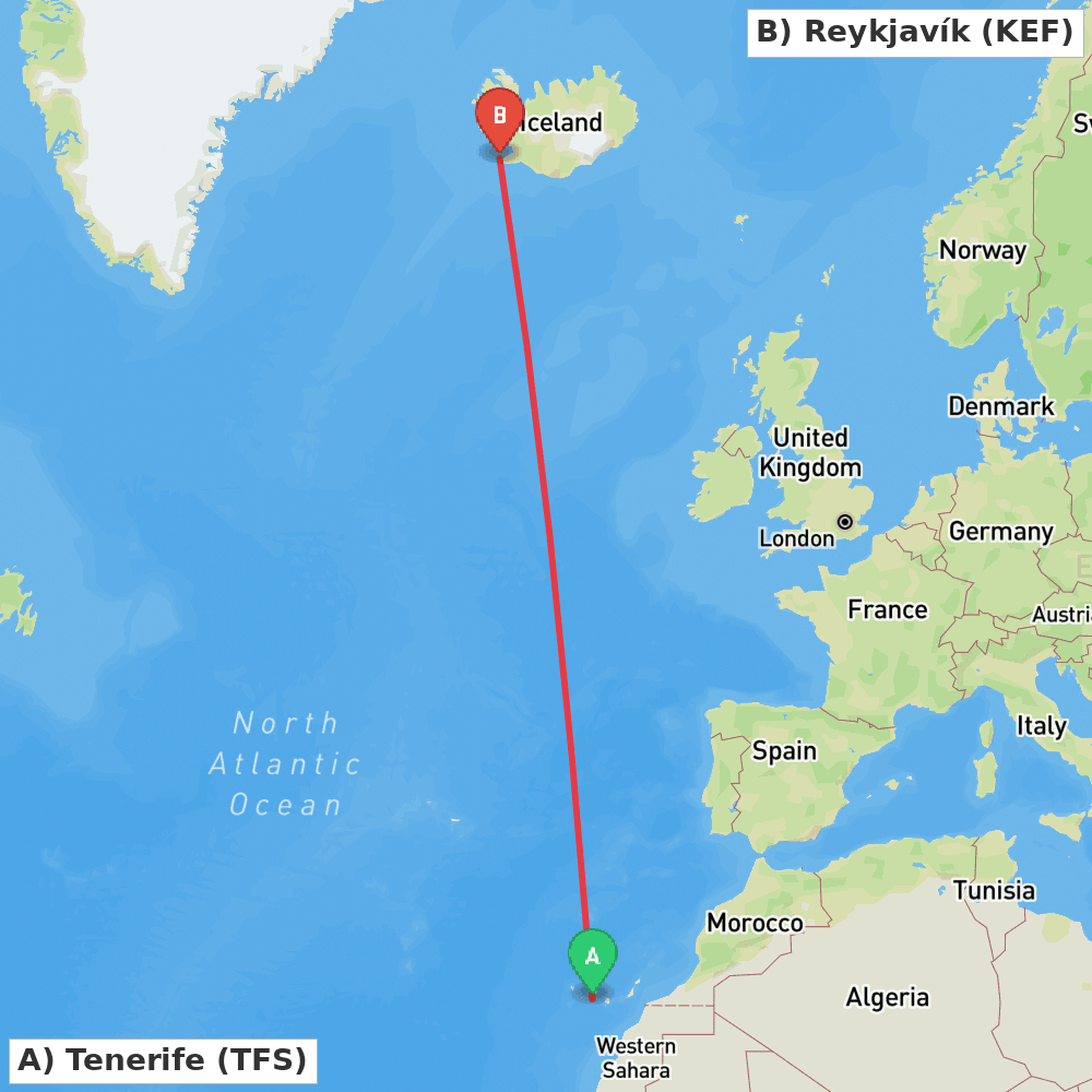 Flight route map from Tenerife to Reykjavík