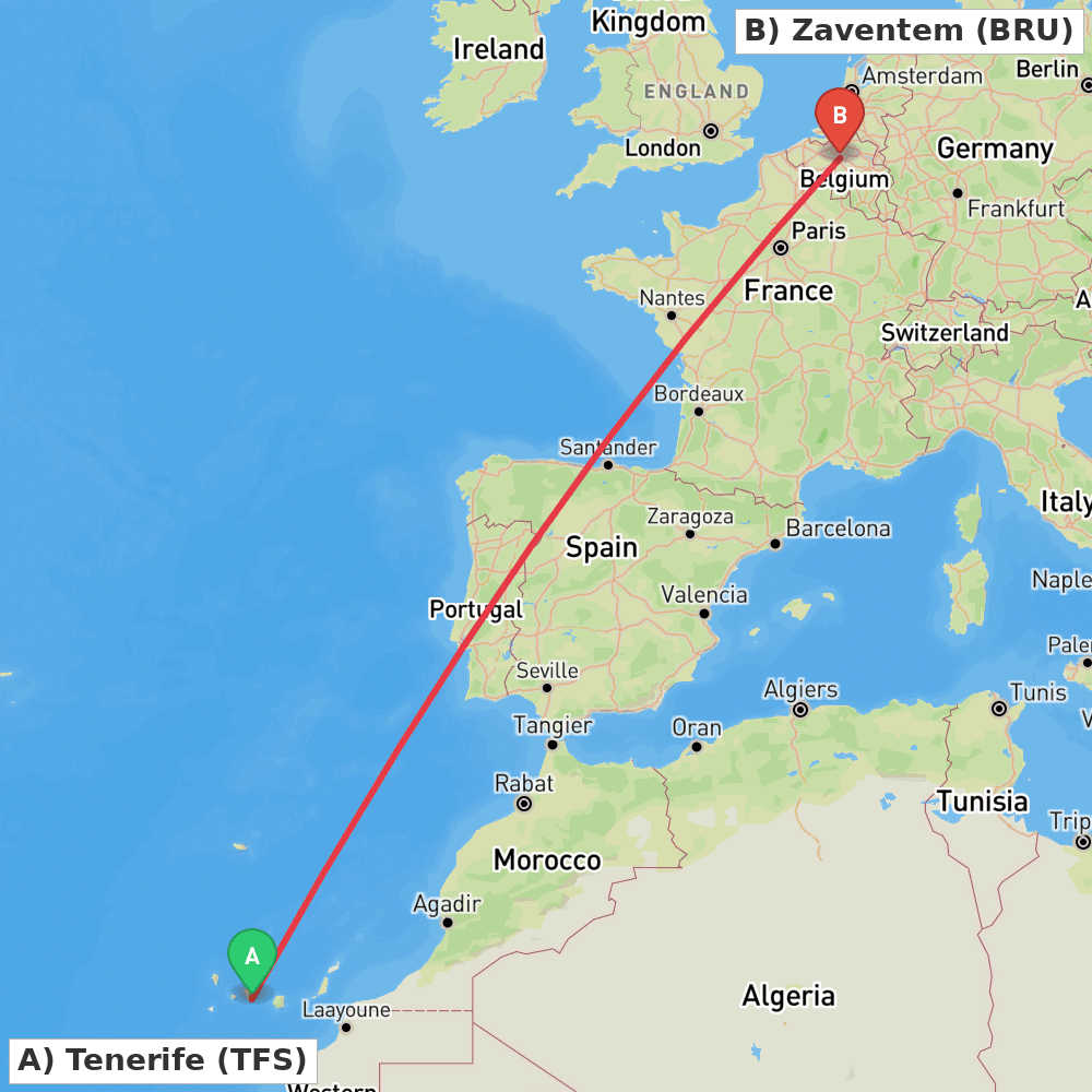 Flight route map from Tenerife to Zaventem
