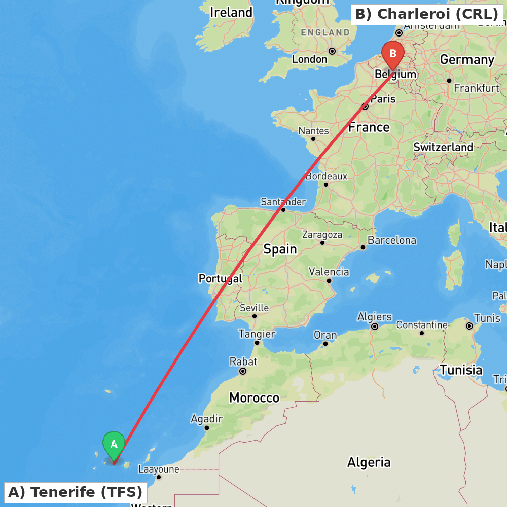 Flight route map from Tenerife to Charleroi
