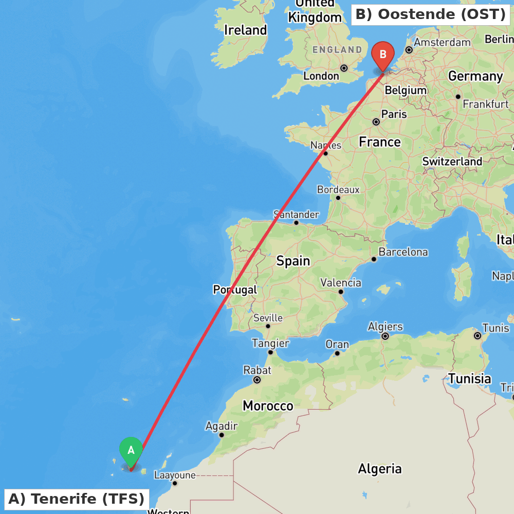 Flight route map from Tenerife to Oostende