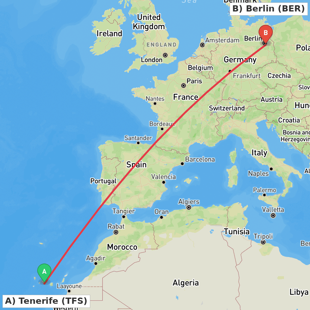 Flight route map from Tenerife to Berlin