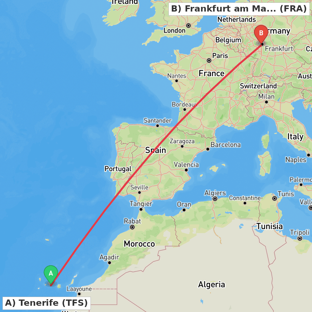 Flight route map from Tenerife to Frankfurt am Main