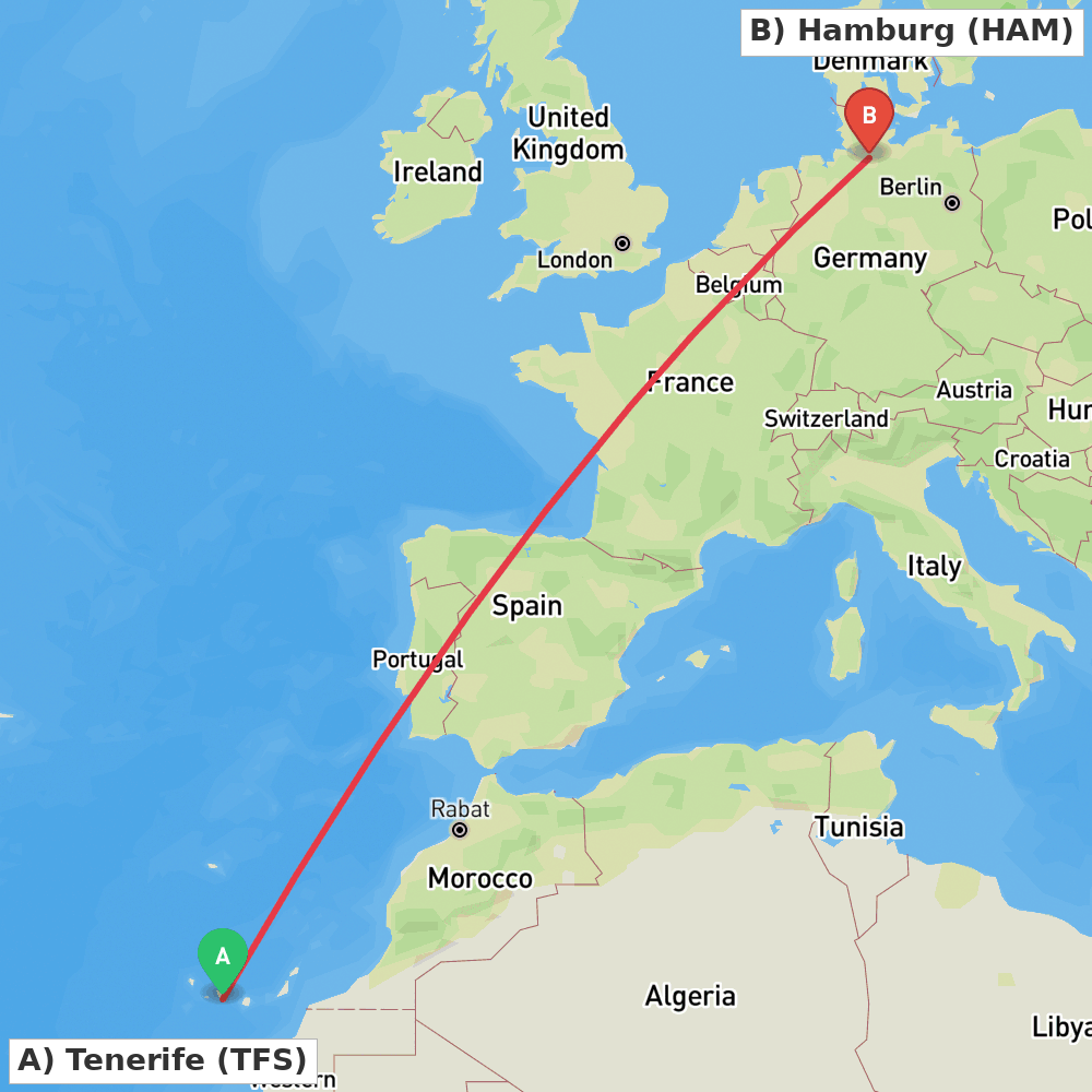 Flight route map from Tenerife to Hamburg
