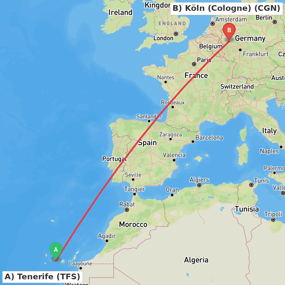 Flight route map from Tenerife to Köln (Cologne)