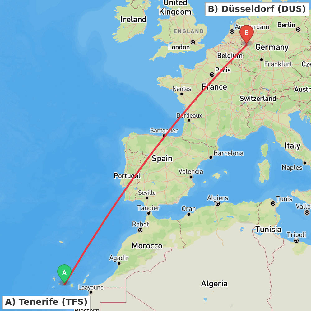 Flight route map from Tenerife to Düsseldorf