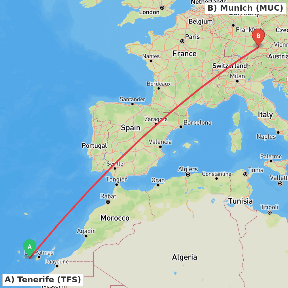 Flight route map from Tenerife to Munich
