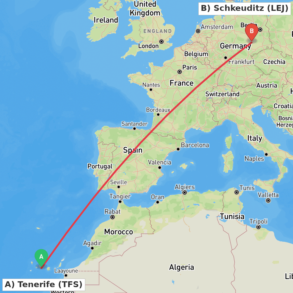 Flight route map from Tenerife to Schkeuditz