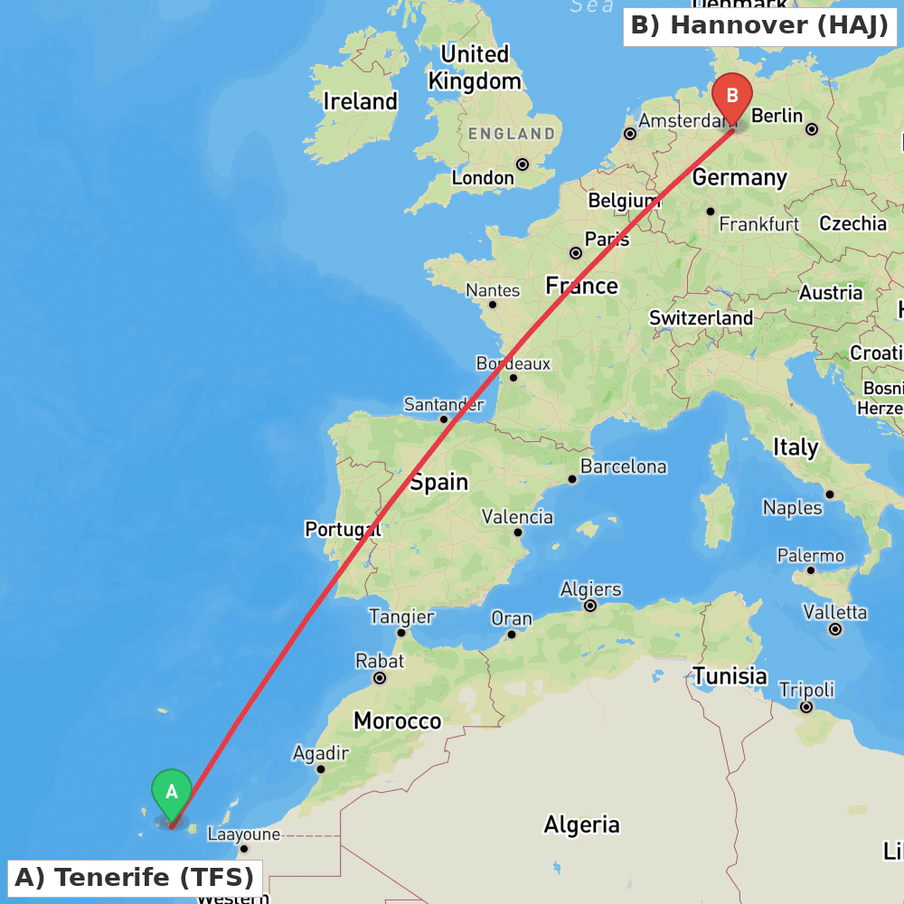 Flight route map from Tenerife to Hannover