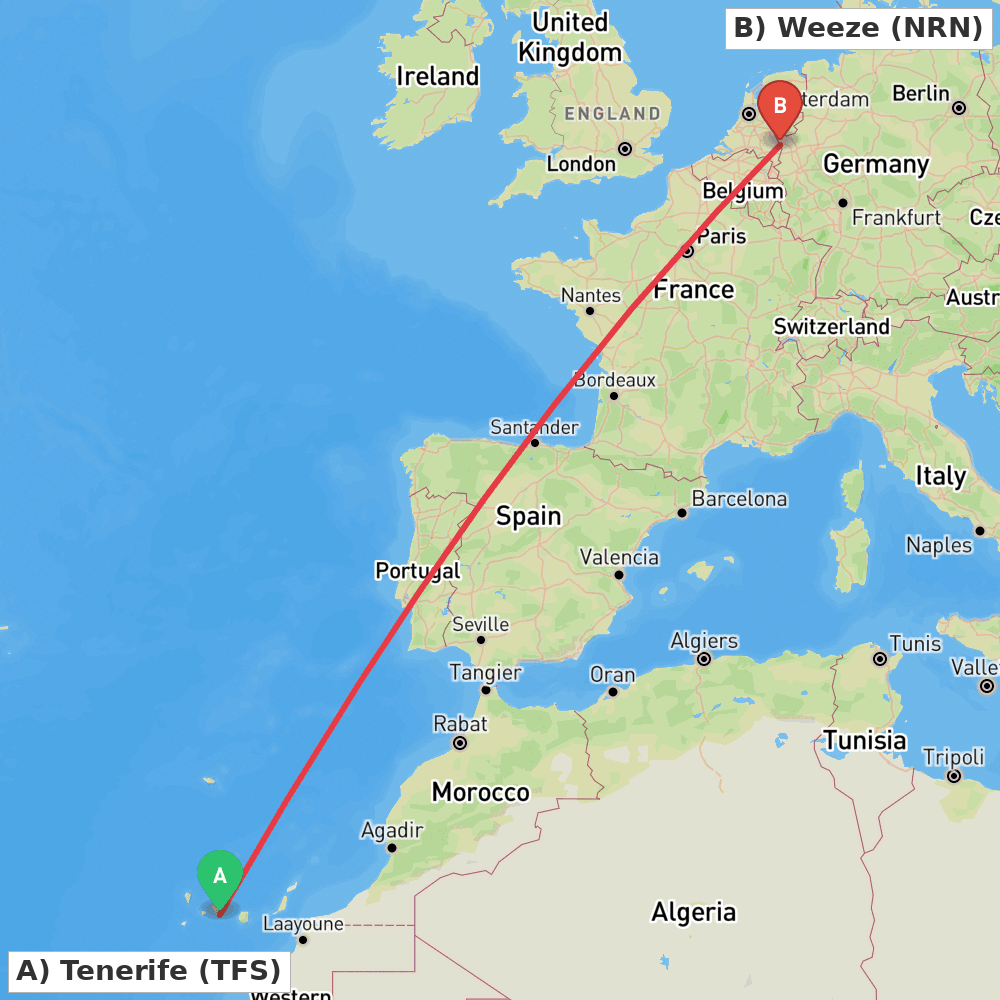 Flight route map from Tenerife to Weeze