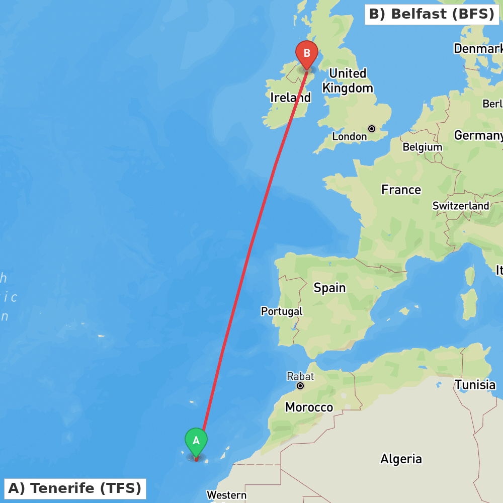 Flight route map from Tenerife to Belfast