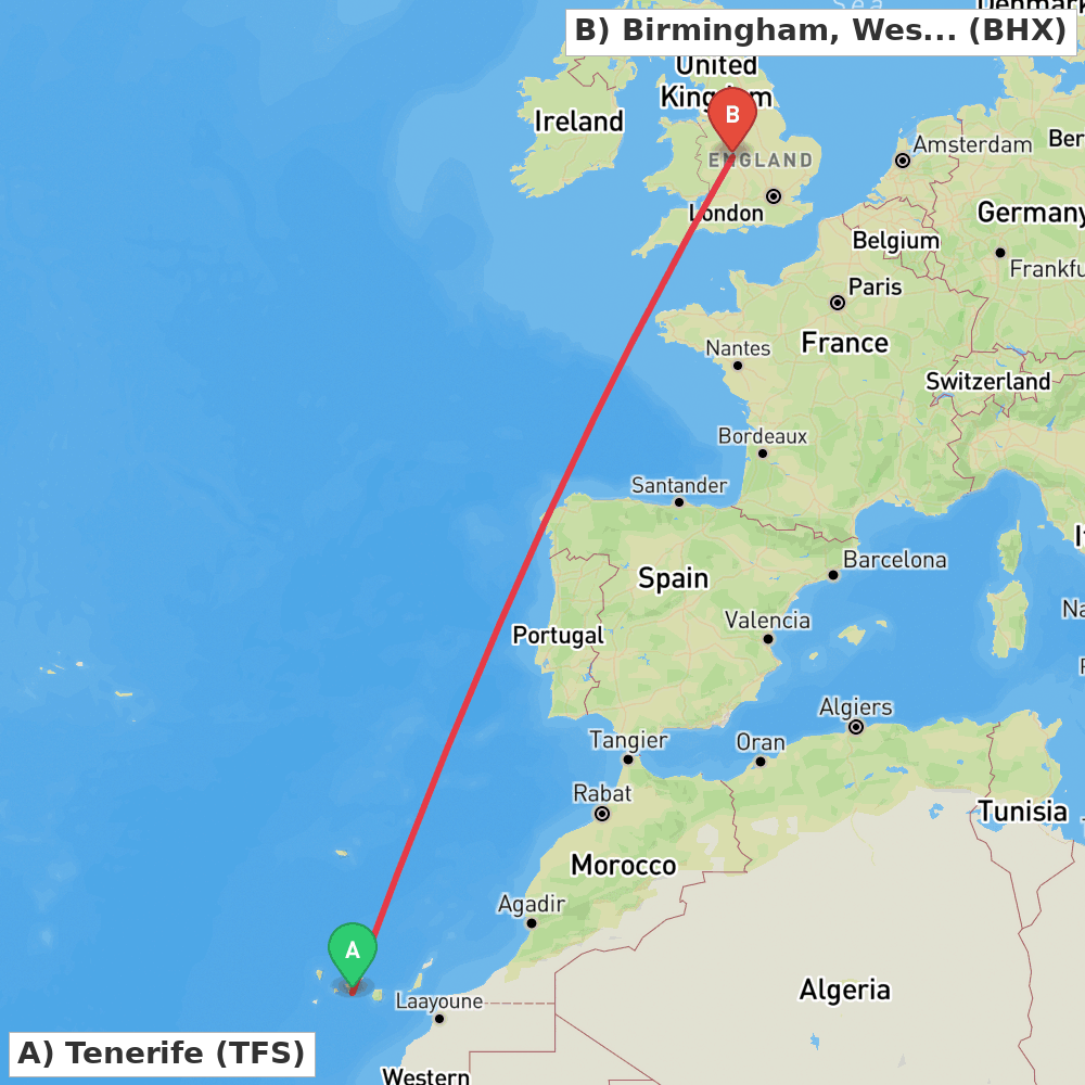 Flight route map from Tenerife to Birmingham, West Midlands