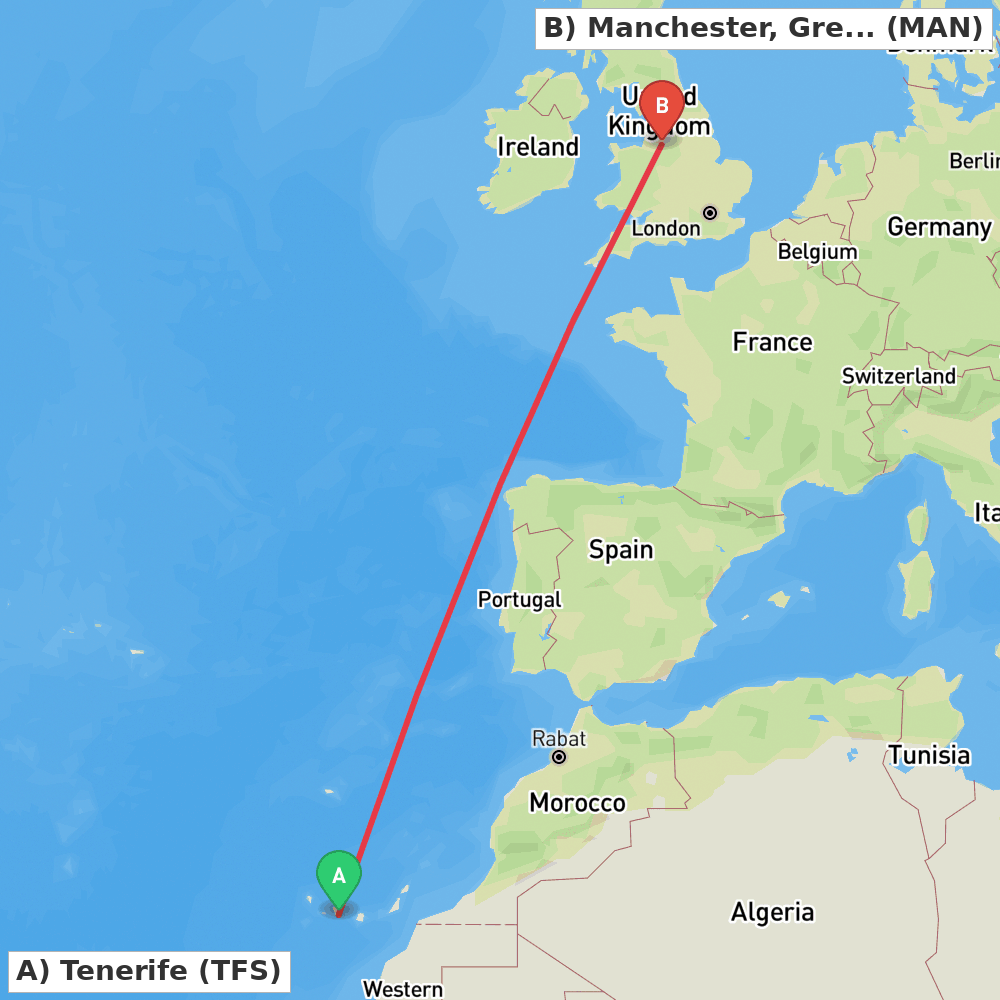 Flight route map from Tenerife to Manchester, Greater Manchester