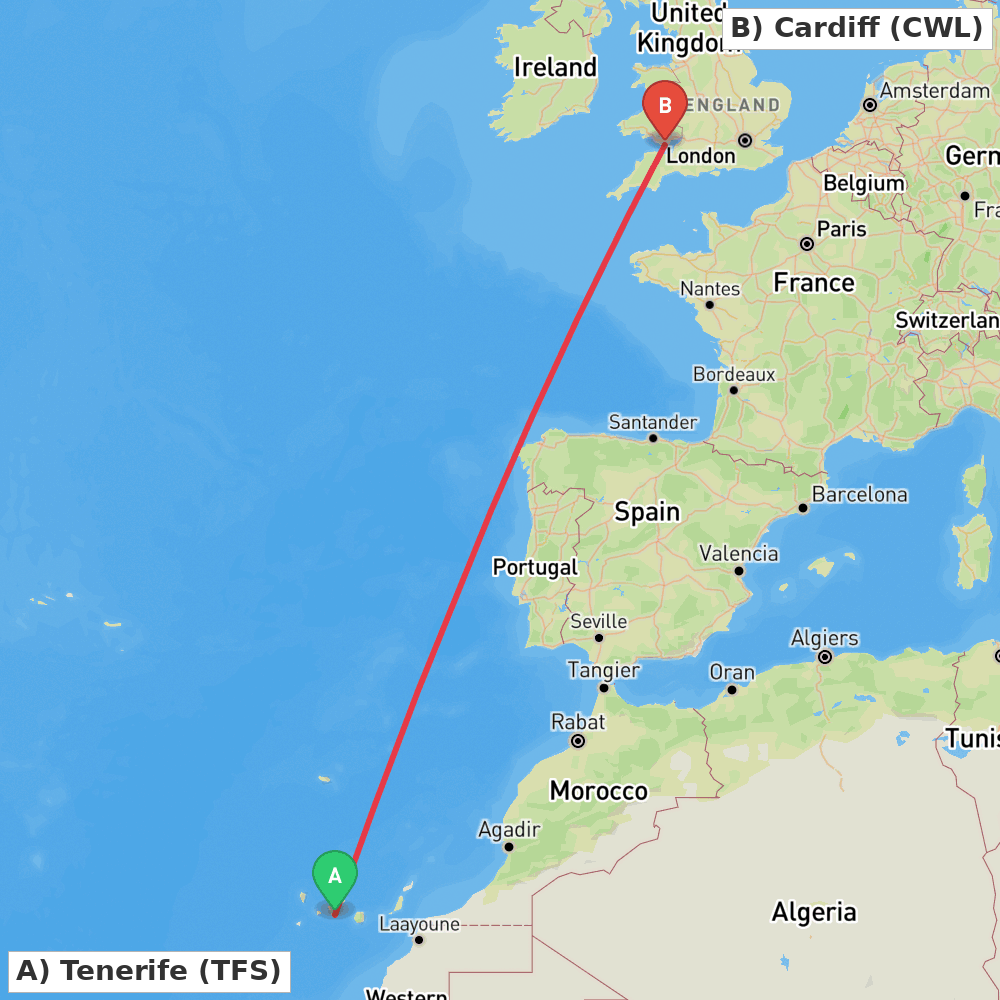 Flight route map from Tenerife to Cardiff