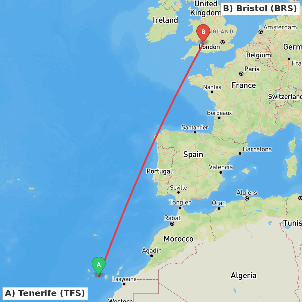 Flight route map from Tenerife to Bristol