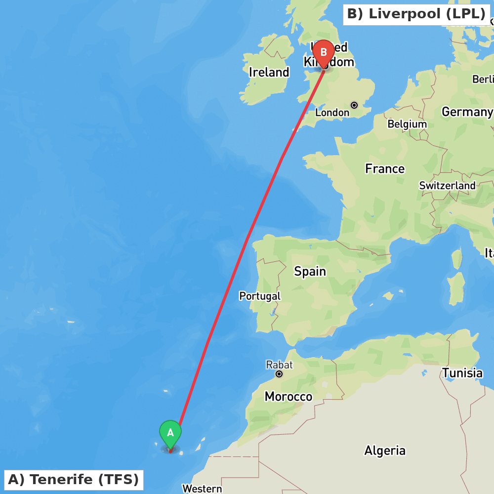 Flight route map from Tenerife to Liverpool
