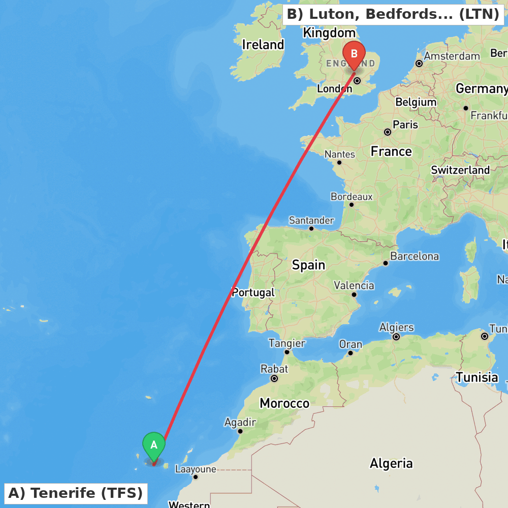 Flight route map from Tenerife to Luton, Bedfordshire