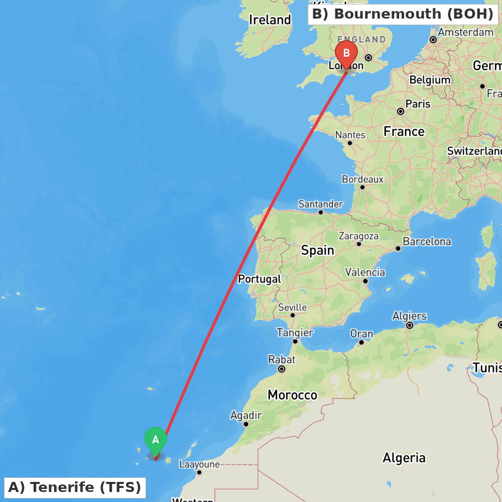 Flight route map from Tenerife to Bournemouth