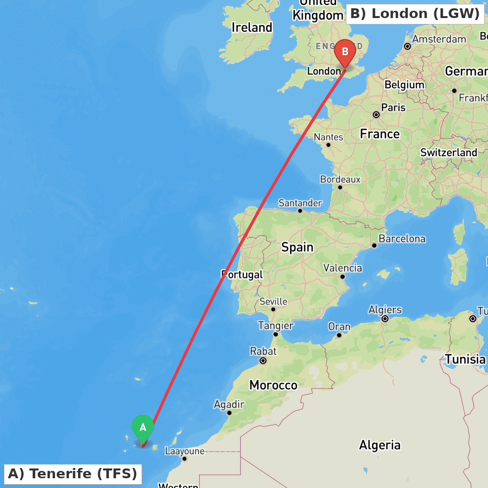Flight route map from Tenerife to London