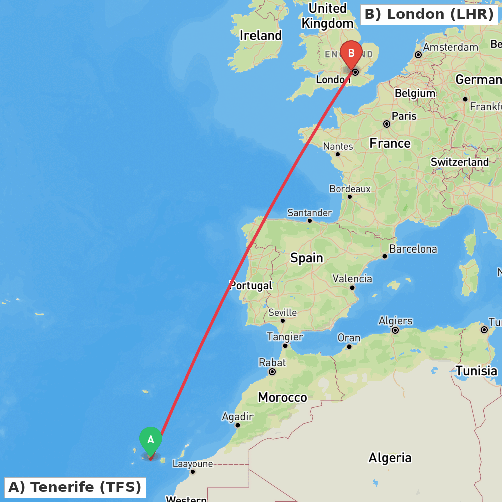 Flight route map from Tenerife to London