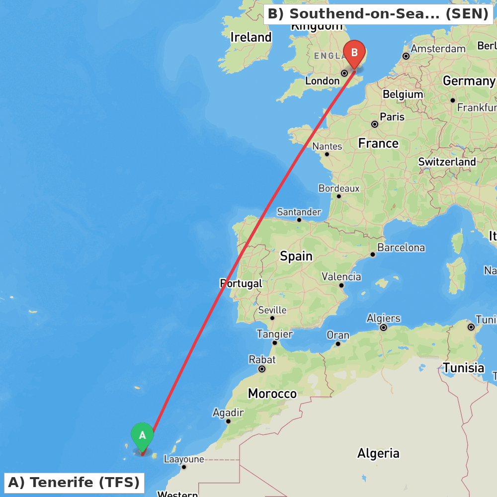 Flight route map from Tenerife to Southend-on-Sea, Essex