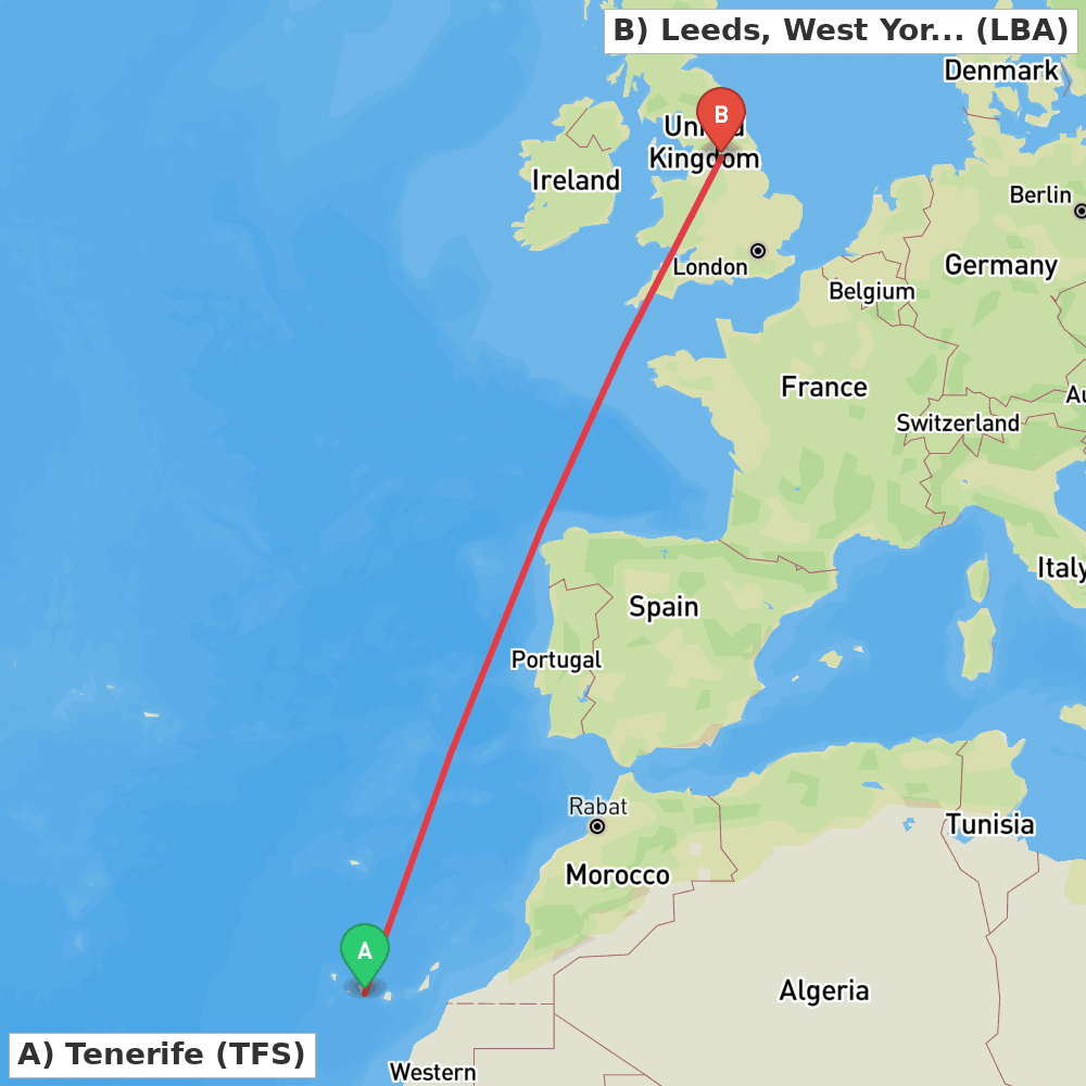 Flight route map from Tenerife to Leeds, West Yorkshire