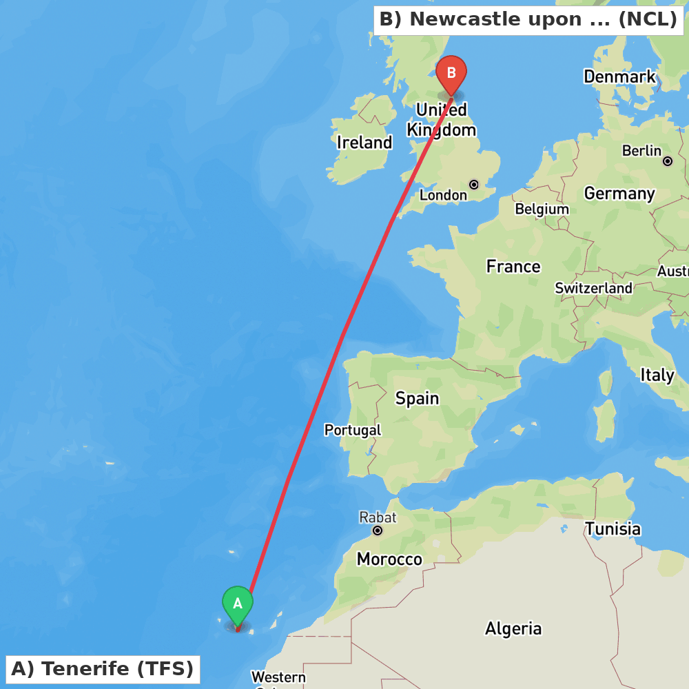 Flight route map from Tenerife to Newcastle upon Tyne, Tyne and Wear