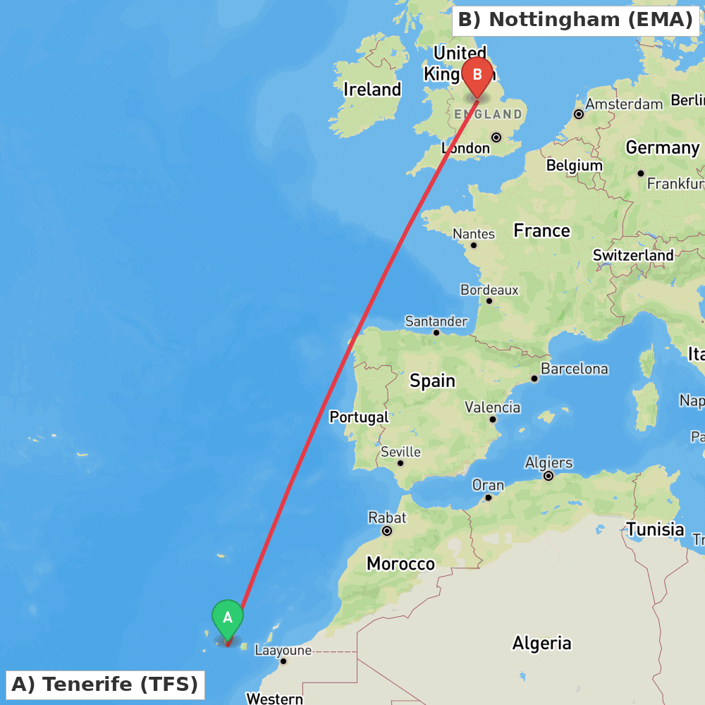 Flight route map from Tenerife to Nottingham