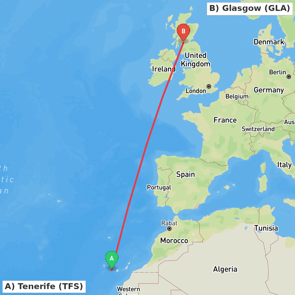 Flight route map from Tenerife to Glasgow