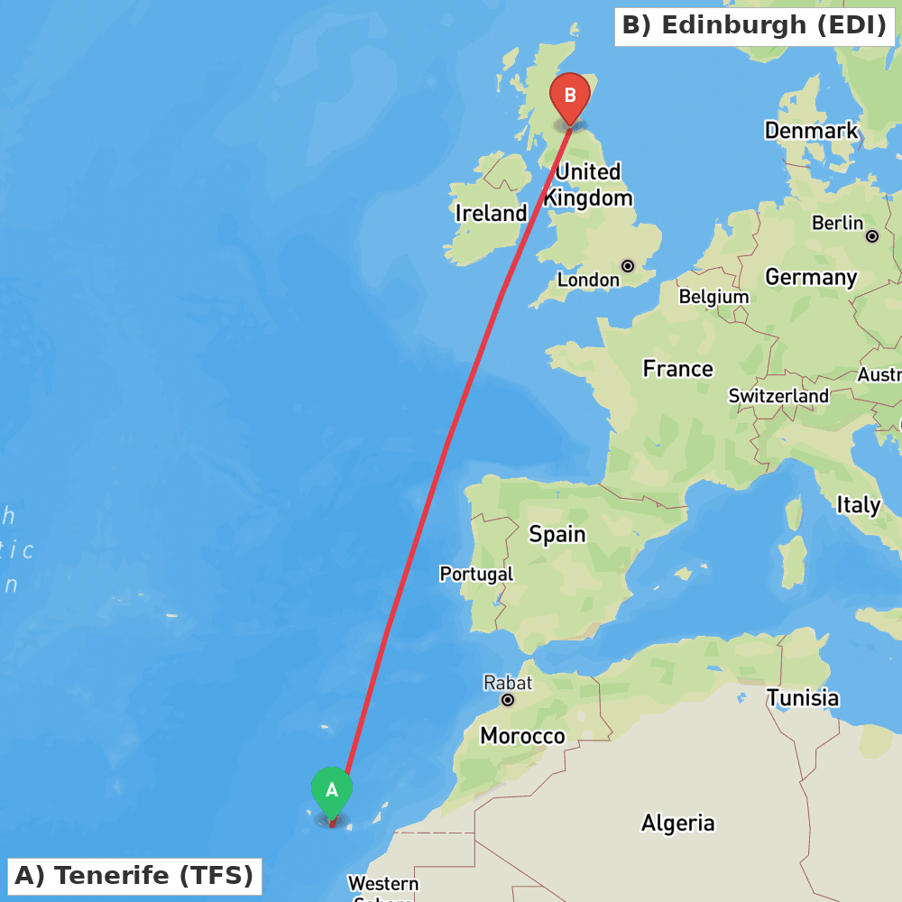 Flight route map from Tenerife to Edinburgh