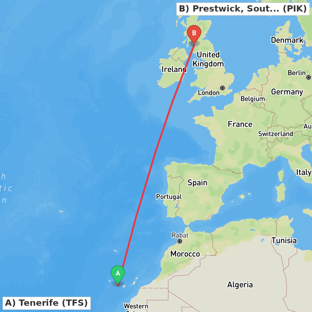 Flight route map from Tenerife to Prestwick, South Ayrshire