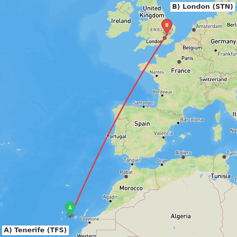Flight route map from Tenerife to London