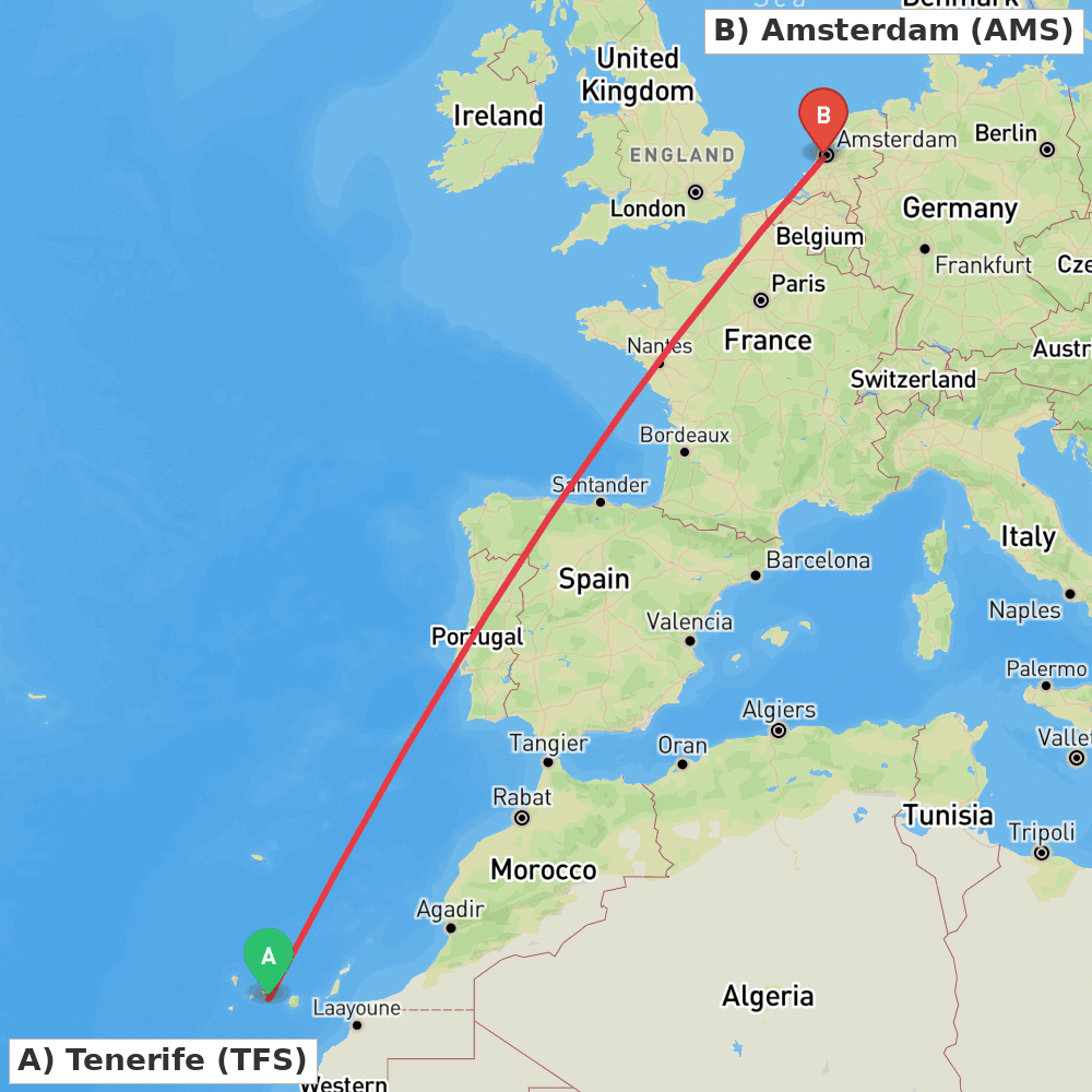 Flight route map from Tenerife to Amsterdam