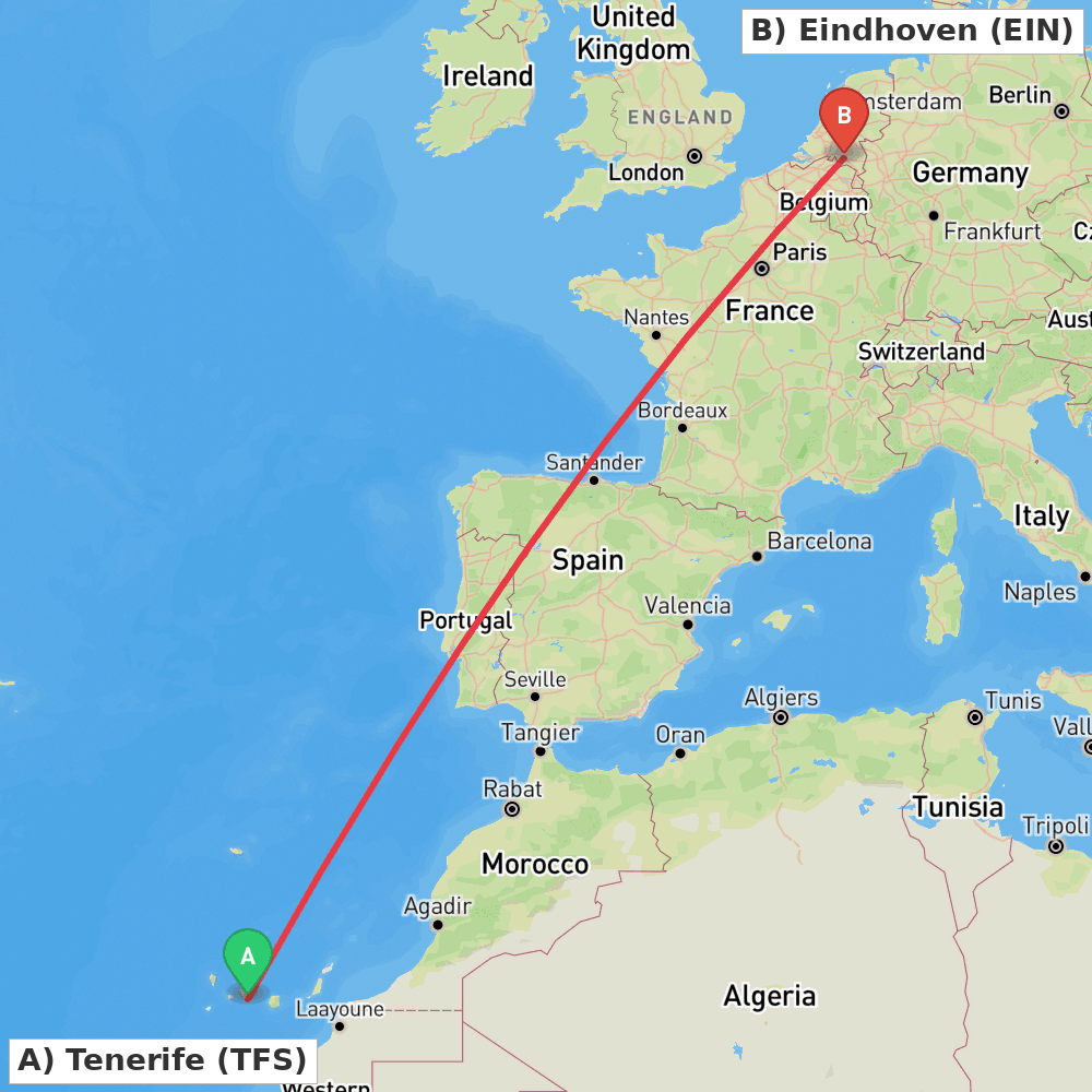 Flight route map from Tenerife to Eindhoven