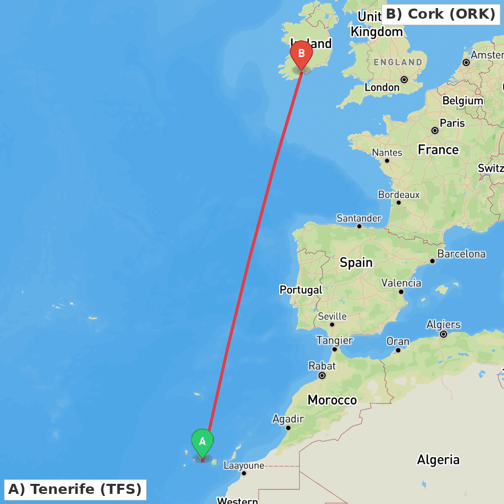 Flight route map from Tenerife to Cork