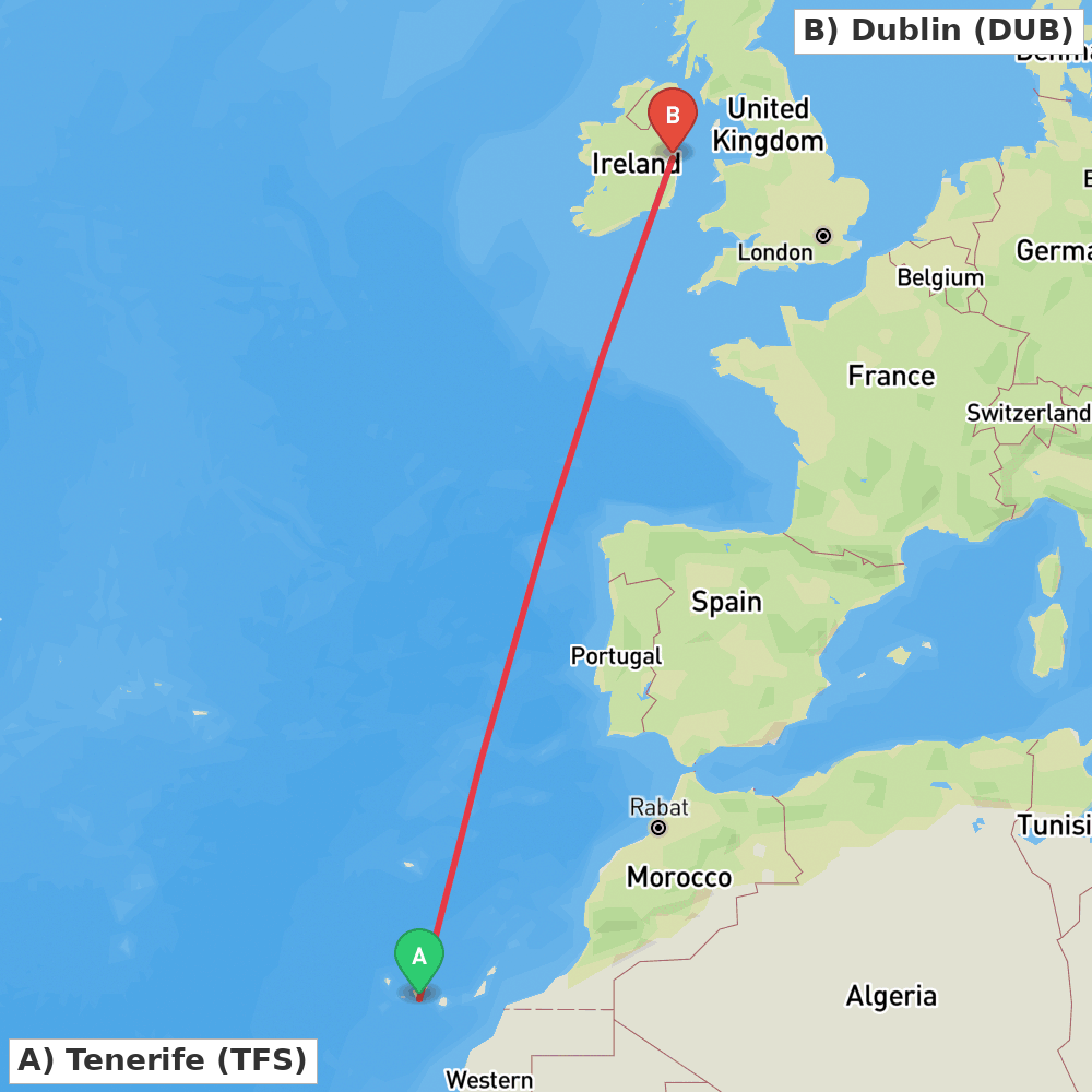 Flight route map from Tenerife to Dublin