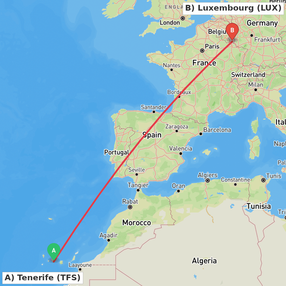 Flight route map from Tenerife to Luxembourg