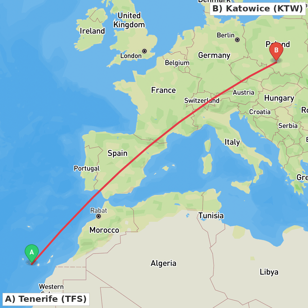 Flight route map from Tenerife to Katowice