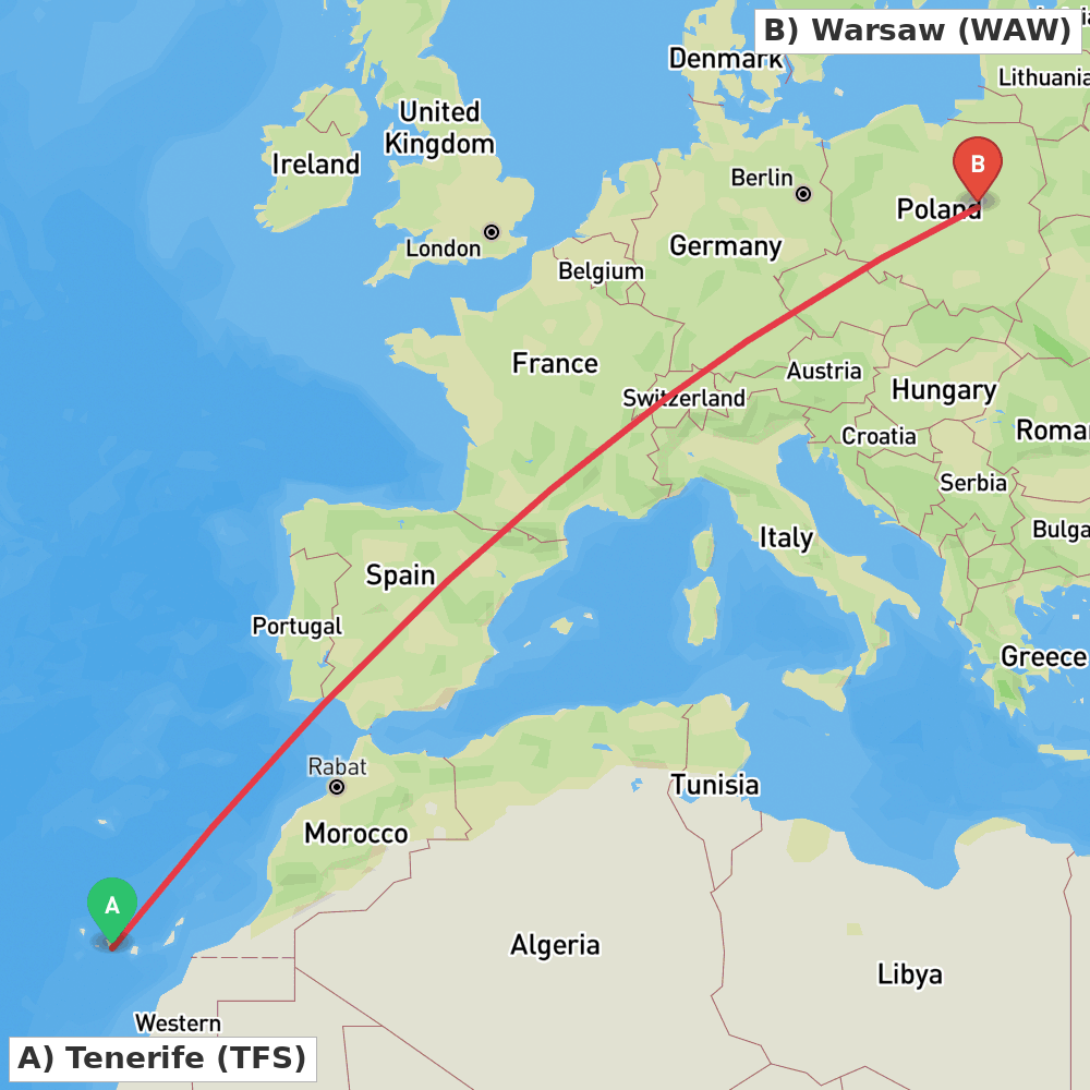 Flight route map from Tenerife to Warsaw