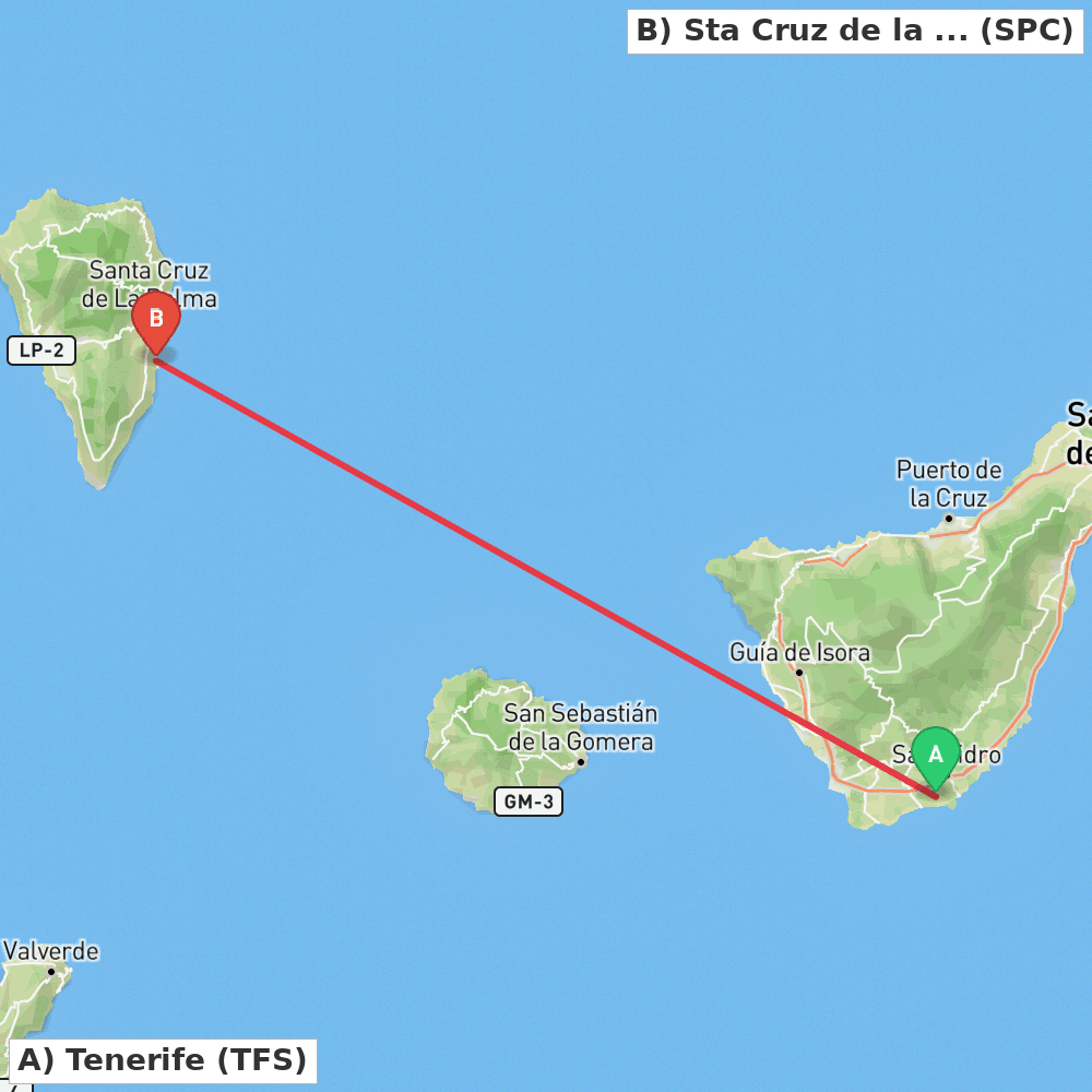 Flight route map from Tenerife to Sta Cruz de la Palma, La Palma Island