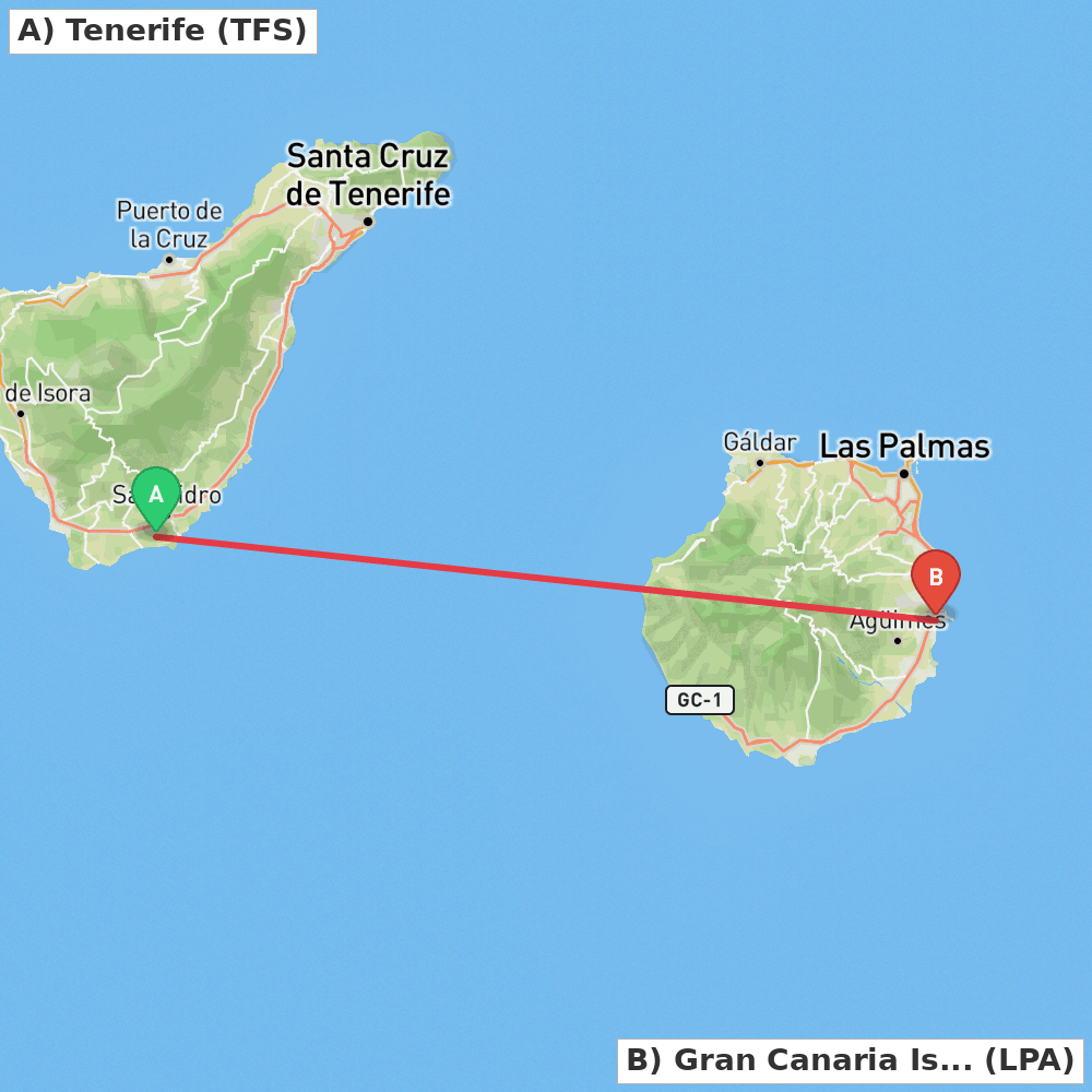 Flight route map from Tenerife to Gran Canaria Island