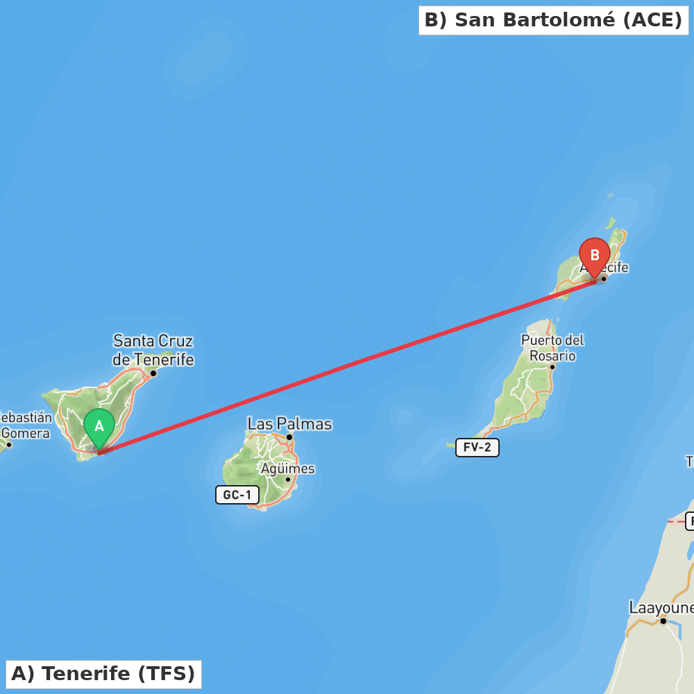 Flight route map from Tenerife to San Bartolomé