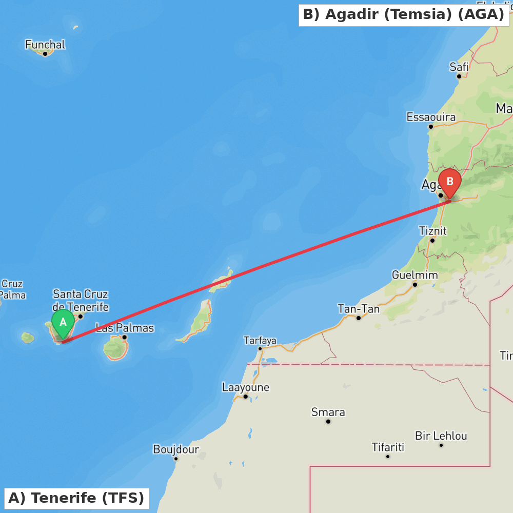 Flight route map from Tenerife to Agadir (Temsia)