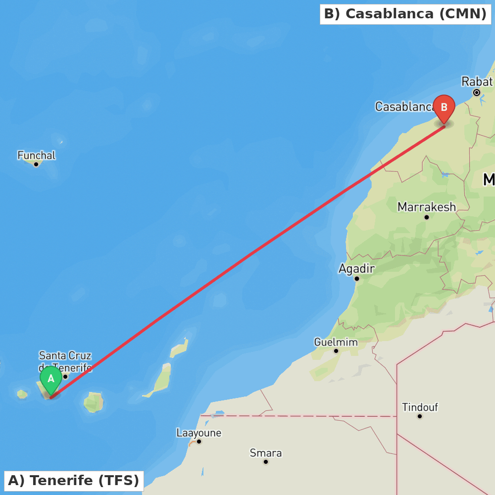 Flight route map from Tenerife to Casablanca