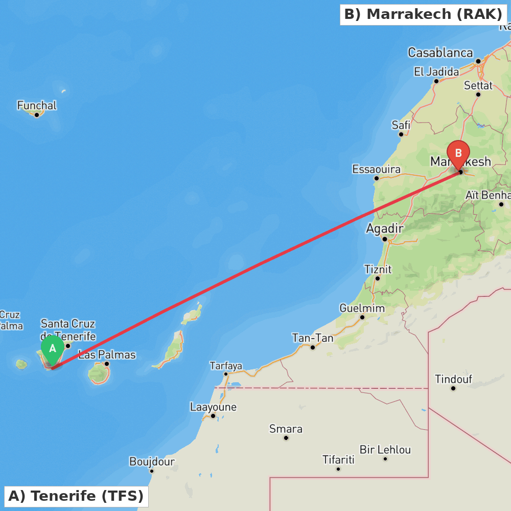 Flight route map from Tenerife to Marrakech