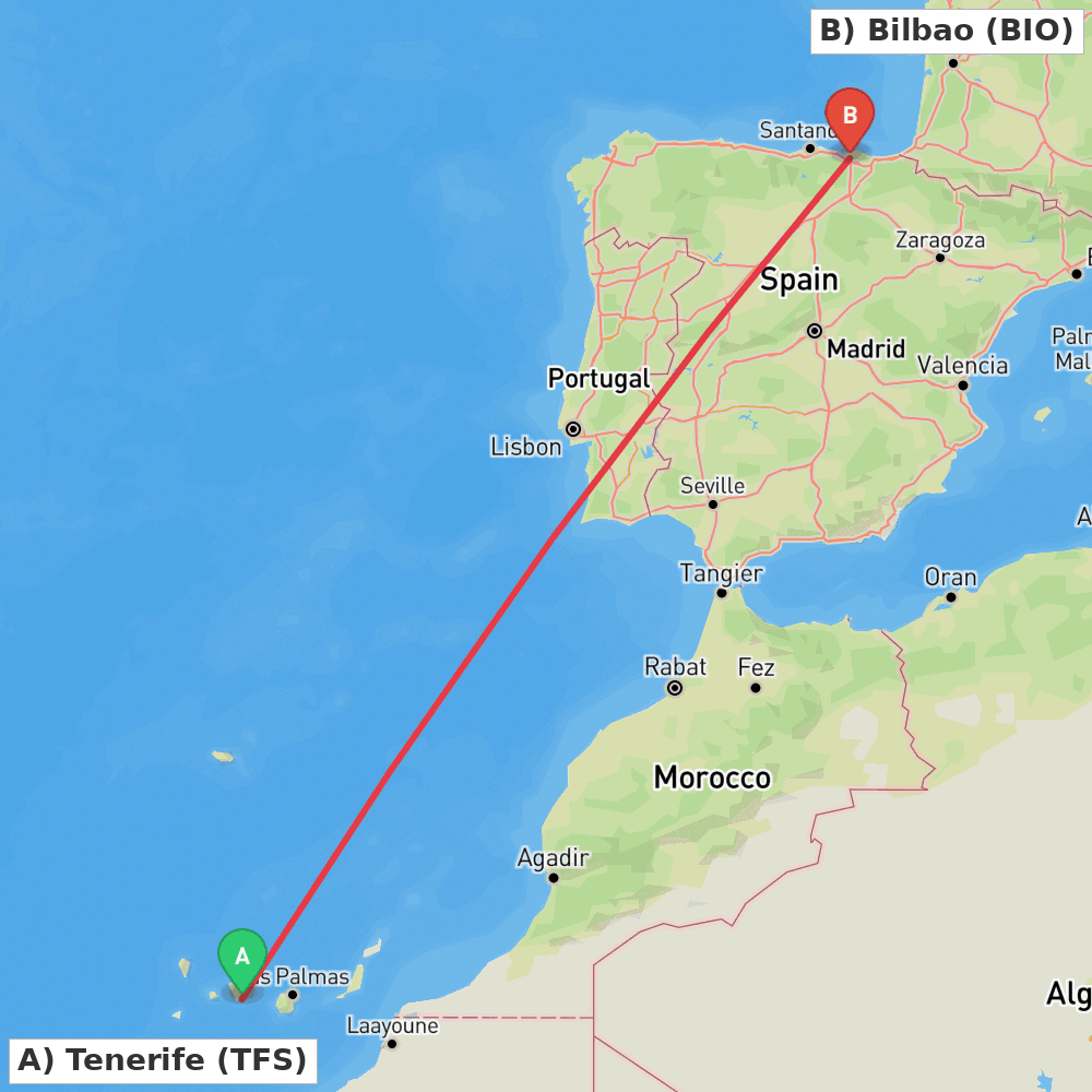 Flight route map from Tenerife to Bilbao