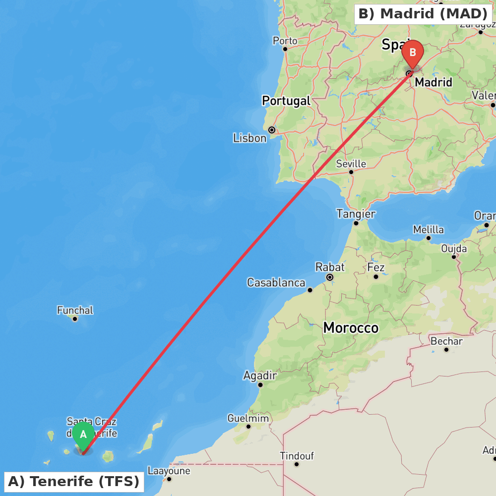 Flight route map from Tenerife to Madrid