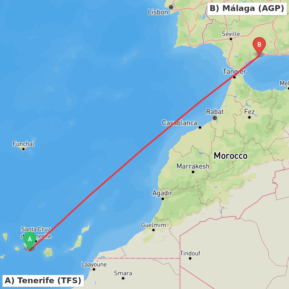 Flight route map from Tenerife to Málaga
