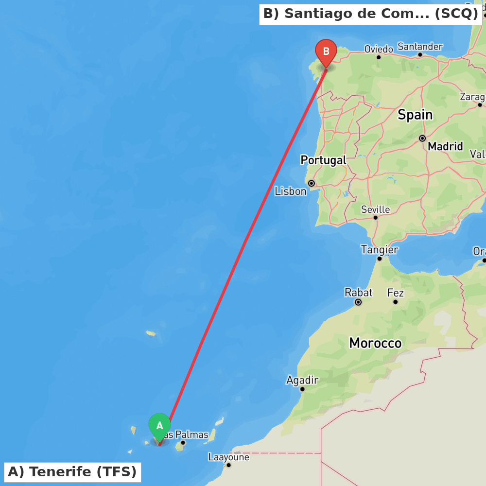 Flight route map from Tenerife to Santiago de Compostela